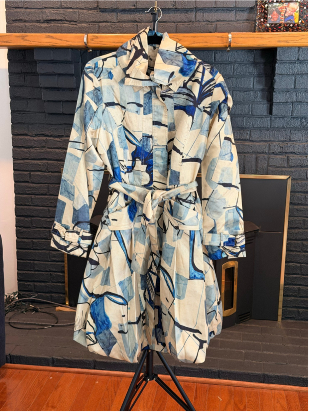 Samuel Dong Abstract Print Bubble Trench Coat, White/Blue, Various Sizes, NWT